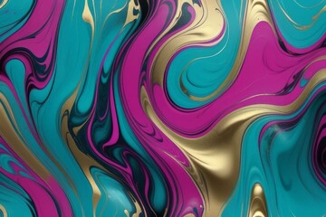 Abstract swirling pattern of pink, blue, black and gold colors.