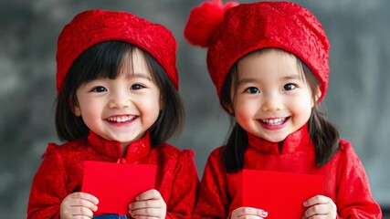 Sticker - Two young Asian children wearing traditional red attire and holding red envelopes, celebrating Lunar New Year and cultural traditions