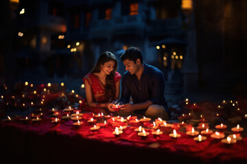 Wall Mural - Indian couple celebrating diwali festival