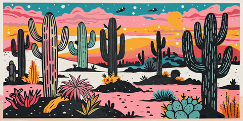 Wall Mural - Colorful Desert Sunset with Saguaro Cacti Illustration