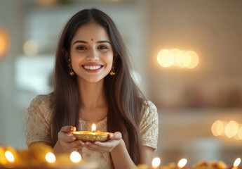 Wall Mural - A joyful Indian woman in traditional silk attire, holding a brass plate filled with burning diyas.