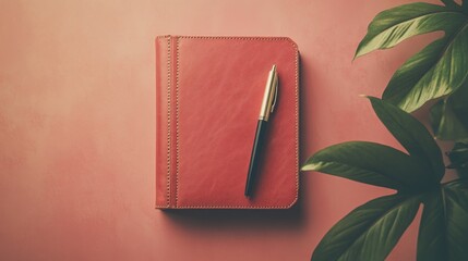 Wall Mural - A red notebook with a pen beside a green plant on a textured pink background.