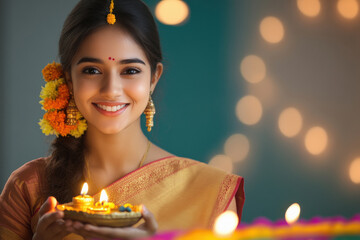 A joyful Indian woman in traditional silk attire, holding a brass plate filled with burning diyas.