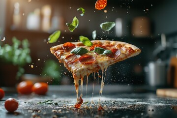 A delicious slice of pizza with pepperoni and fresh basil, suspended mid-air, showcasing melted cheese and vibrant toppings against a blurred kitchen background