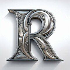 Shiny silver 3d form of letter R isolated on a white background