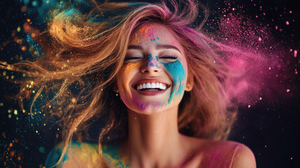 Wall Mural - A beautiful woman is smiling as she looks at the camera, her face covered in colorful powder paint and hair blowing away from it