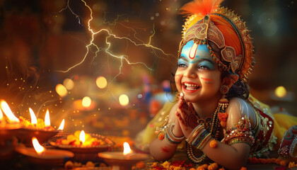 cute little indian girl sitting with oil lamps