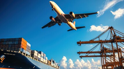 A vibrant airport scene featuring a cargo plane flying over shipping containers and cranes, showcasing global trade and transportation.