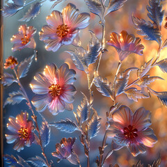 Wall Mural - Glass Flower Illustration with Golden Leaves and Glimmering Details