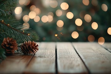 Wall Mural - Wooden table top with blurred bokeh lights and pine tree leafs, Christmas holiday, winter concept, product display with generative ai