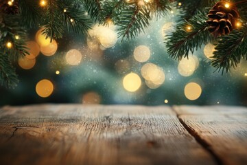 Wall Mural - Wooden table top with blurred bokeh lights and pine tree leafs, Christmas holiday, winter concept, product display with generative ai