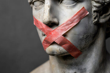 Wall Mural - A red tape crossed over mouth of Greek man, symbolizing the restriction of free speech