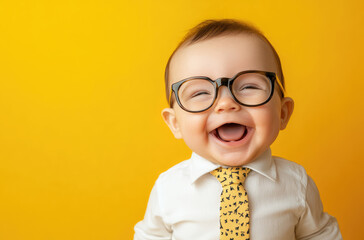 Sticker - A happy baby wearing glasses and a tie, isolated on a yellow background