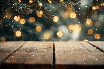 Wall Mural - Wooden table top with blurred bokeh lights and pine tree leafs, Christmas holiday, winter concept, product display with generative ai