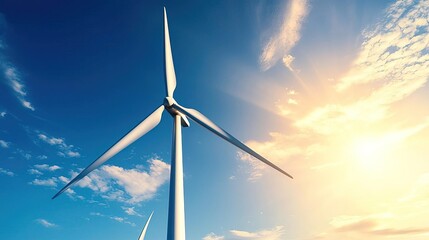 A stunning wind turbine against a bright blue sky, capturing clean energy and symbolizing sustainable development and innovation.