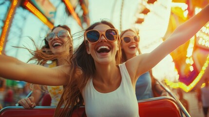 Young women having fun at an amusement park.