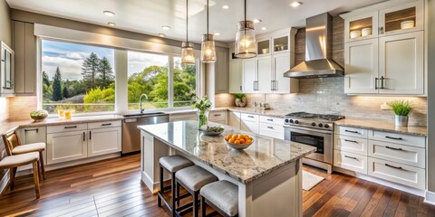 A sleek, modern kitchen with white cabinets, gleaming stainless steel appliances, and granite countertops, bathed in