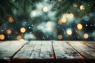 Wall Mural - Wooden table top with blurred bokeh lights and pine tree leafs, Christmas holiday, winter concept, product display with generative ai