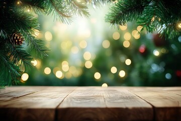 Wooden table top with blurred bokeh lights and pine tree leafs, Christmas holiday, winter concept, product display with generative ai