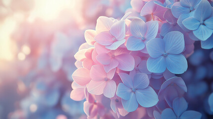 Wall Mural - A detailed photo of a pastel-colored hydrangea bush in full bloom, with soft morning light highlighting the delicate petals