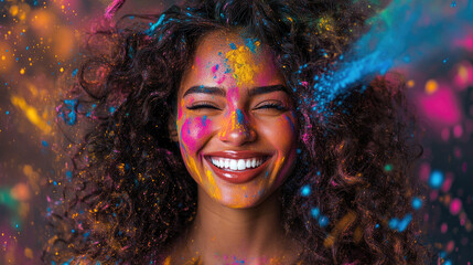 Poster - A beautiful woman is smiling as she looks at the camera, her face covered in colorful powder paint and hair blowing away from it