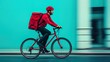 © K-MookPan - A cyclist in red outfit rides swiftly against a vibrant blue background, showcasing modern urban delivery lifestyle.