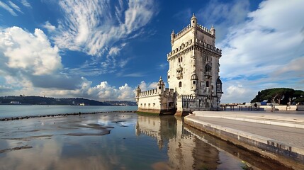 Wall Mural - A historic tower by the water reflecting the sky, showcasing architectural beauty.