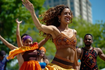 Multicultural dance group performs vibrant outdoor celebration. People wear colorful costumes, raise arms in joy. Rich green trees surround lively gathering in park.