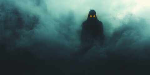 Wall Mural - A shadowy figure with glowing eyes in the fog.