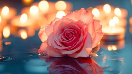 Sticker - A beautiful pink rose floating gently on a surface. Soft candlelight illuminates the scene, creating a romantic and calming atmosphere. Perfect for expressing love, peace, or calm moments. AI