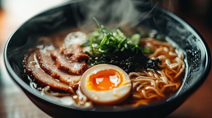 Sticker - A steaming bowl of ramen with sliced pork, soft-boiled egg, and green onions.