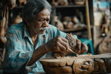 South Asian man crafts wooden sculpture with precision. Hands shape wood with knife in workshop filled with tools and finished pieces. Intricate details and textures feature in complex design.