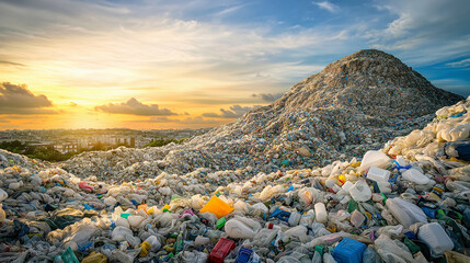 Mounds of plastic waste, hills full with garbage, and a large mountain made from plastic debris in the background, with a sky filled with clouds and a sunset
