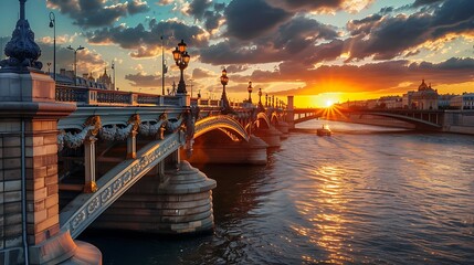 Wall Mural - A picturesque sunset over a river, highlighting a beautiful bridge and scenic cityscape.