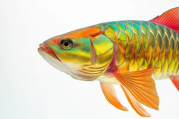 Mystic portrait of Golden Arowana Fish in studio, copy space on right side, Close-up View, isolated on white background