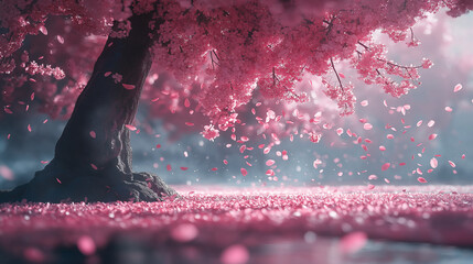 Wall Mural - A detailed photo of a cherry blossom tree in full bloom with pastel pink petals gently falling to the ground