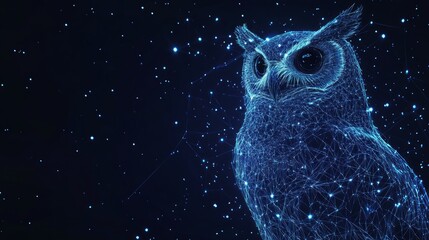 Wall Mural - Owl isolated from low poly wireframe on dark background. Wild bird of prey. Vector polygonal image in the form of a starry sky or space, consisting of points, lines, and shapes in the form of stars