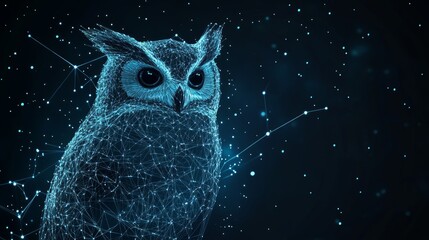 Wall Mural - Owl isolated from low poly wireframe on dark background. Wild bird of prey. Vector polygonal image in the form of a starry sky or space, consisting of points, lines, and shapes in the form of stars