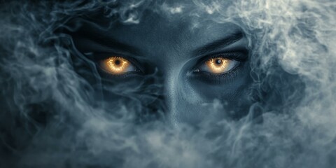 Eyes glowing in dark smoke.