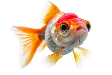 Mystic portrait of Bubble Eye Goldfish in studio, isolated on white background