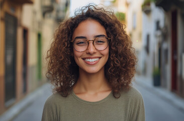 Poster - Portrait of a beautiful, smiling woman with curly hair and glasses, standing on a street.