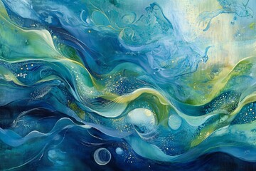 Wall Mural - Abstract Painting of Fluid Turquoise Waves