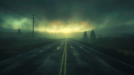 Wall Mural - A desolate road stretches into a misty landscape under a dramatic sky, evoking a sense of mystery.