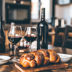 Wall Mural - Challah bread shabbat wine on the kitchen table