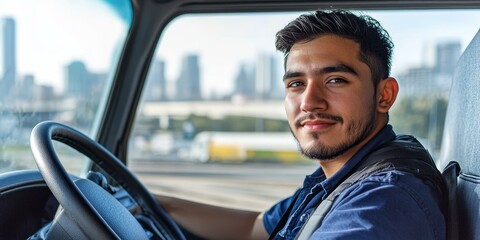 Man driving truck, city skyline in background.