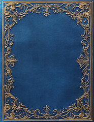 Vintage blue book cover with a golden filigree border and a blank center for text.