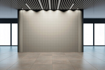 Aufkleber - Empty gallery interior with tiled wall and large windows. 3D Rendering