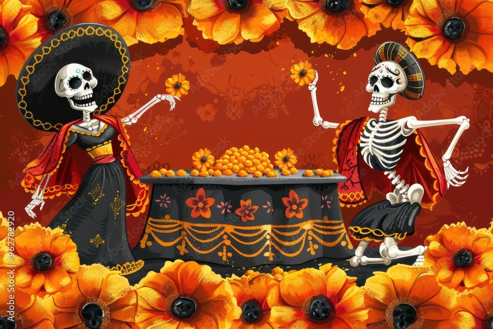 Skeletons in sombrero hats. Day of the Dead or Dia De Los Muertos ...