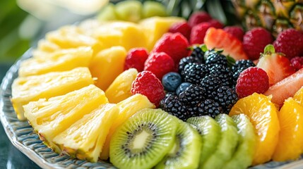 A vibrant fruit platter featuring assorted fresh fruits for a healthy snack or dessert.