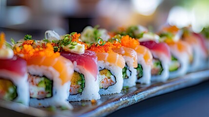 Wall Mural - A vibrant platter of sushi rolls showcasing various fish and toppings.